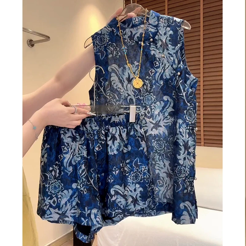 休闲新中式高级感复古套装女2025夏季新款立领显瘦上衣短裤两件套