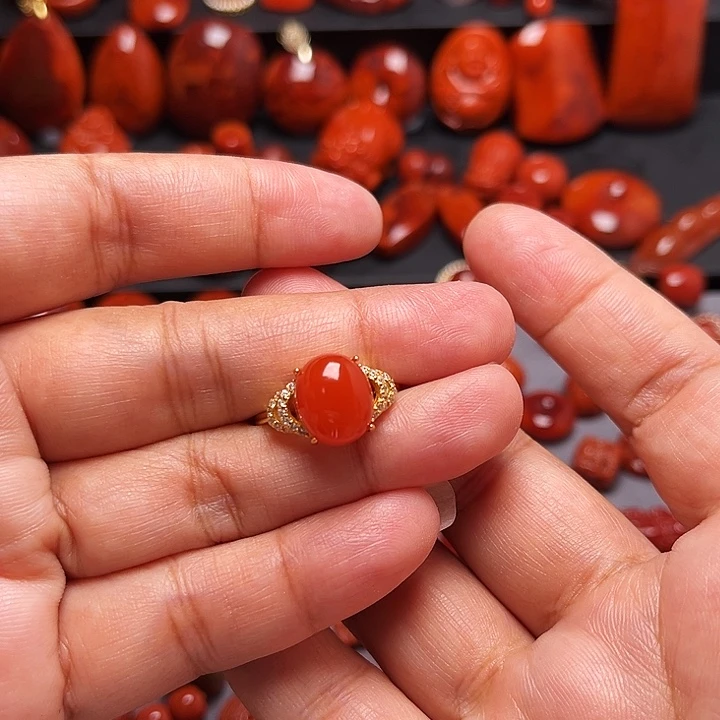 搜***士南红玛瑙银S925镶嵌配饰戒指