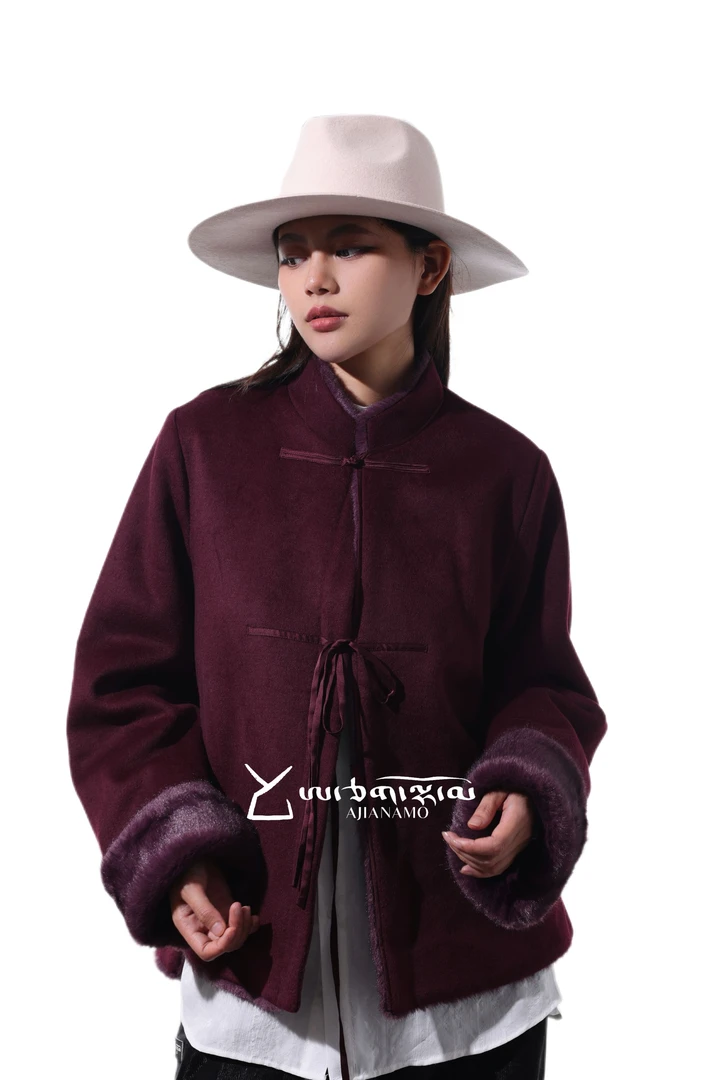 AJ-NAMO原创设计款紫红色对襟毛毛外套