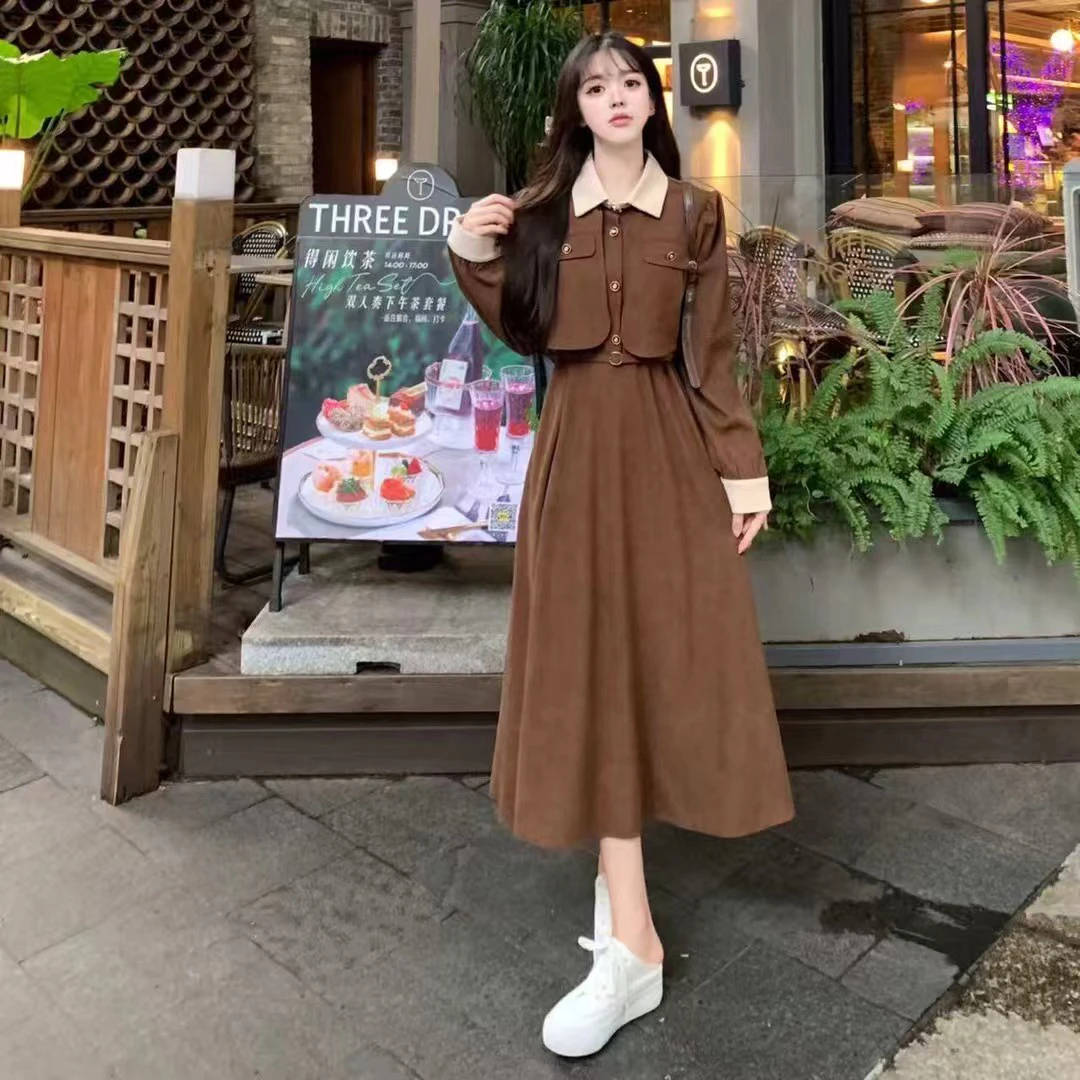 佳奇家新款法式时尚复古高级感长袖收腰显瘦秋季假两件大码连衣裙