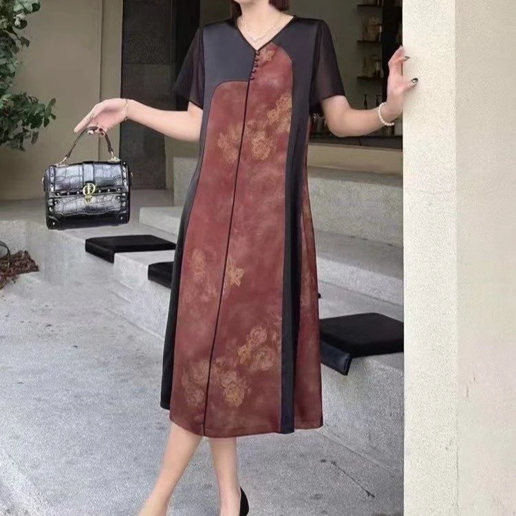 9954中老年妈妈装夏季拼接短袖中长气质连衣裙宽松透气大码遮肚