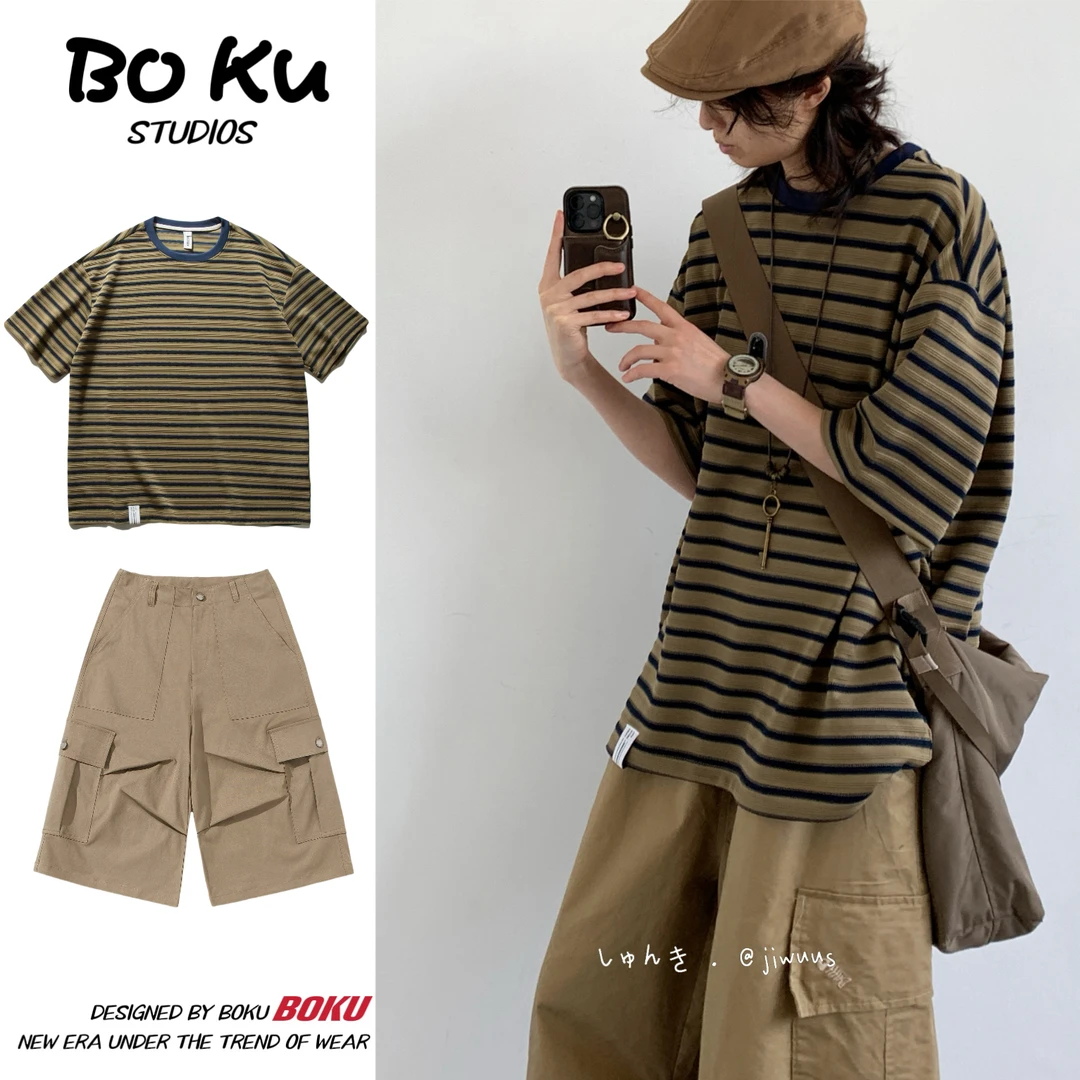@BOKU两件装/单件夏日系复古条纹短袖T恤男女学院风休闲宽松上衣