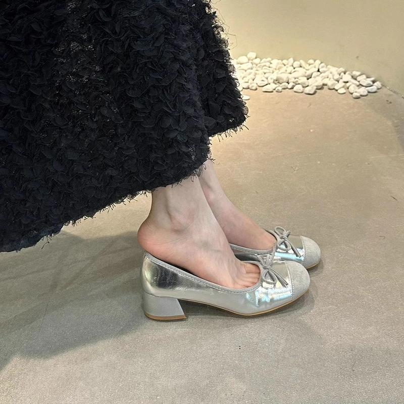 小香风温柔百搭浅口高跟单鞋2025春夏季法式银色配裙子晚晚奶奶鞋
