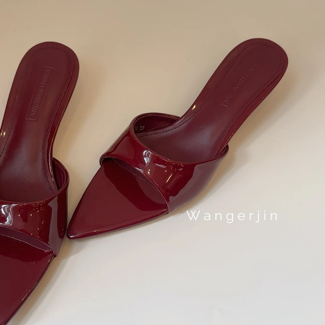 【王二今】羊皮/3.5CM/气质法式一字小猫跟尖头露趾凉拖鞋女外穿