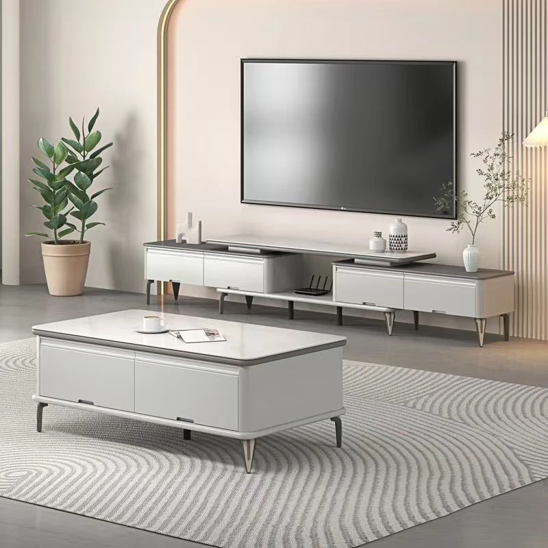 全实木电视柜茶几组合现代简约客厅新款钢化玻璃岩板伸缩烤漆地柜