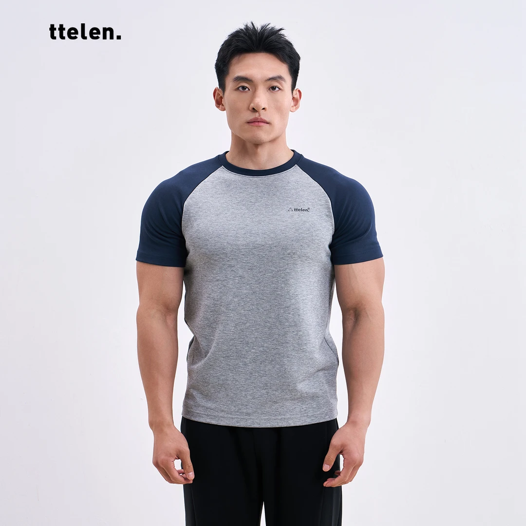 ttelen.拼色高级感修身小领口高弹短袖t恤男款显大运动健身衣服夏