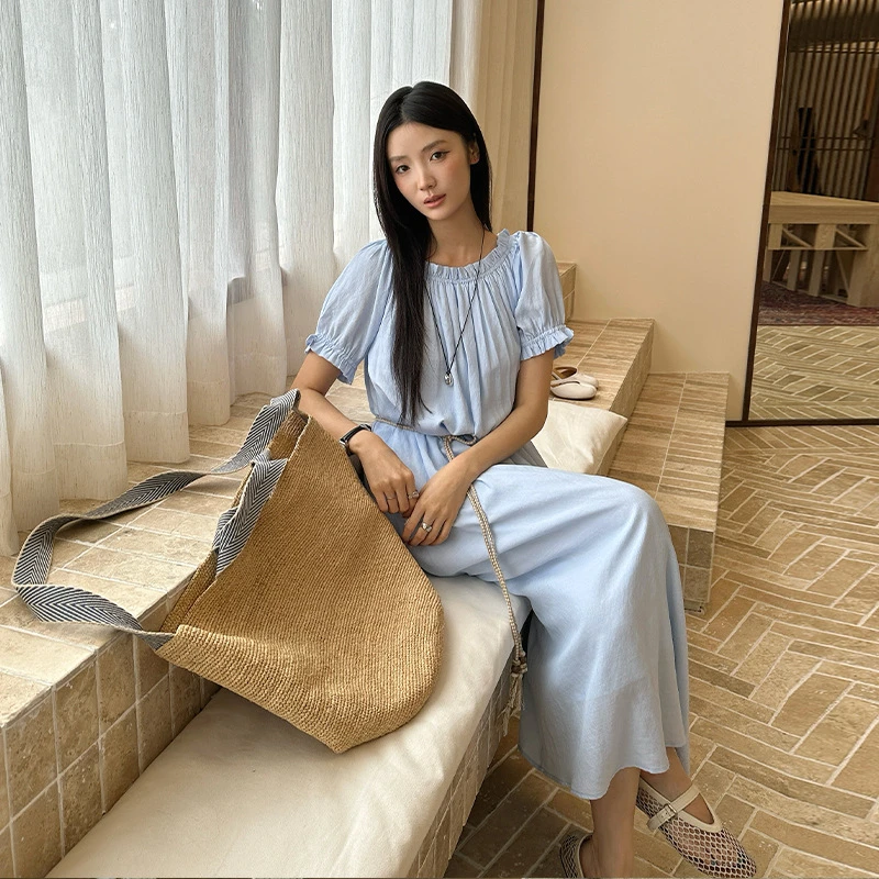 夏季海边度假风格木耳边编织中长款连衣裙韩系休闲十三行女装