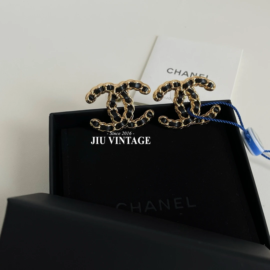 99新 Chanel/香奈儿 24K 黑金皮穿链双C耳钉全套CJM13-0761