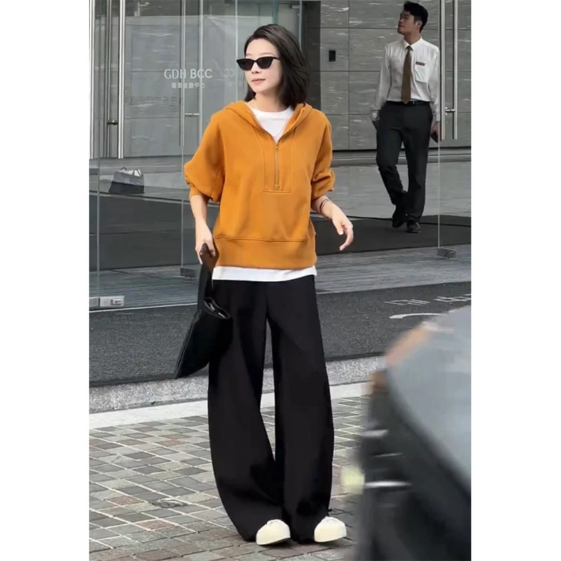 秋季松弛感时尚两件套宽松拉链连帽长袖卫衣百搭垂感直筒裤子穿搭
