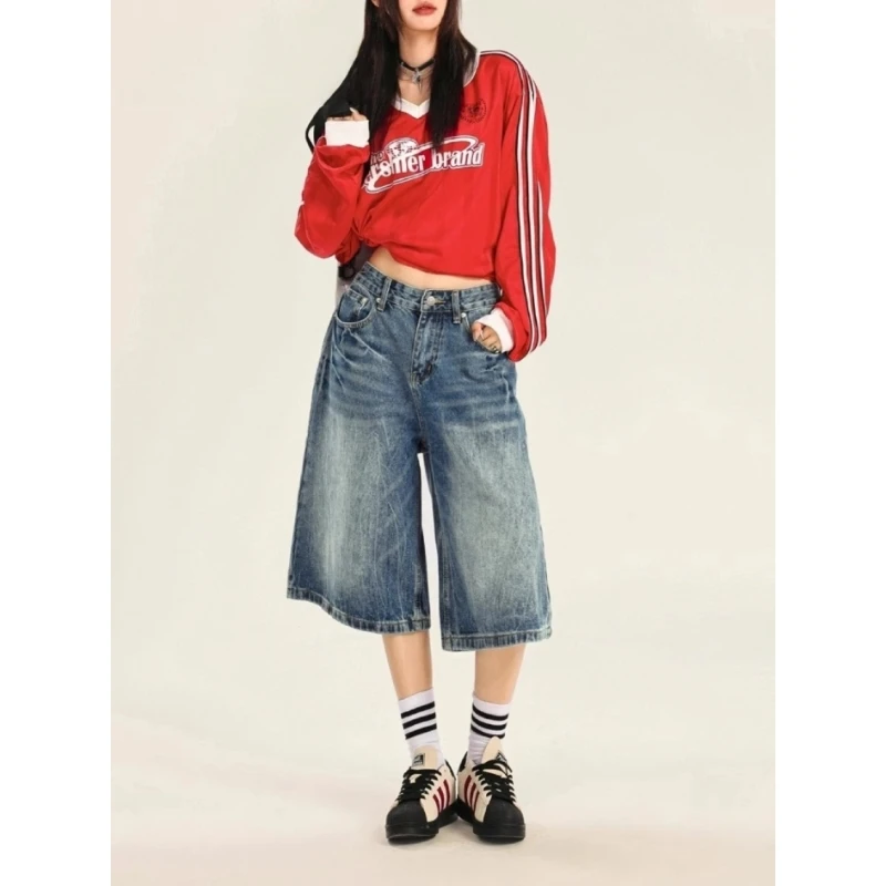 大码美式复古水洗做旧牛仔短裤女夏季设计感显瘦宽松阔腿七分裤子