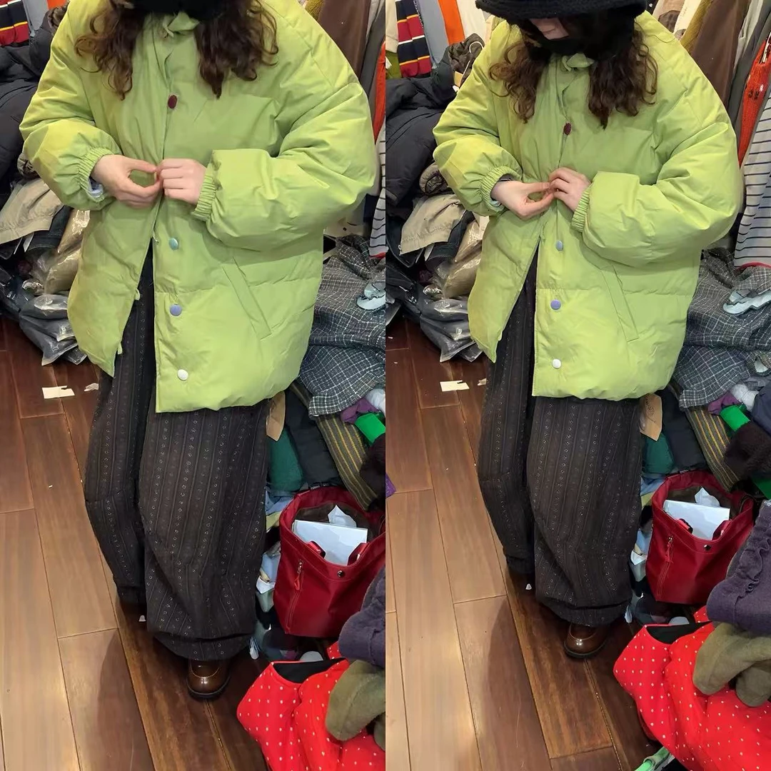 今年流行超火漂亮棉服2026新款牛油果色气质港风个性纽扣棉服外套