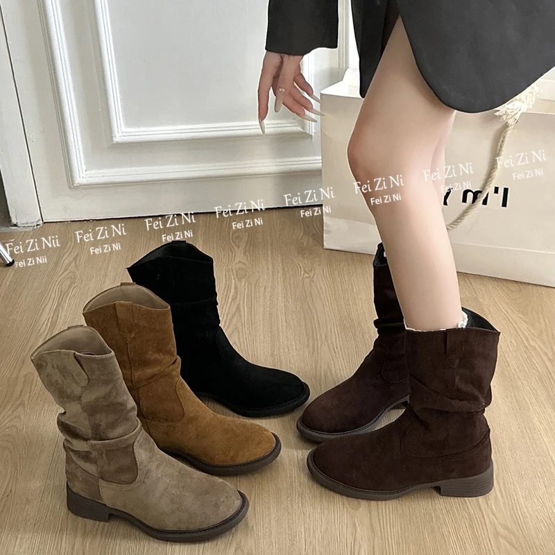 【跟高4cm】短中筒时尚美拉德V口堆堆靴女中筒气质御姐范女神鞋子
