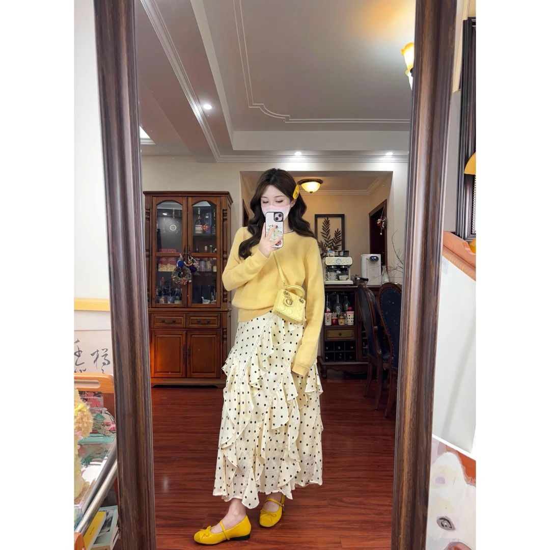 法式气质黄色针织衫毛衣女2025秋季新款软糯上衣波点半身裙套装