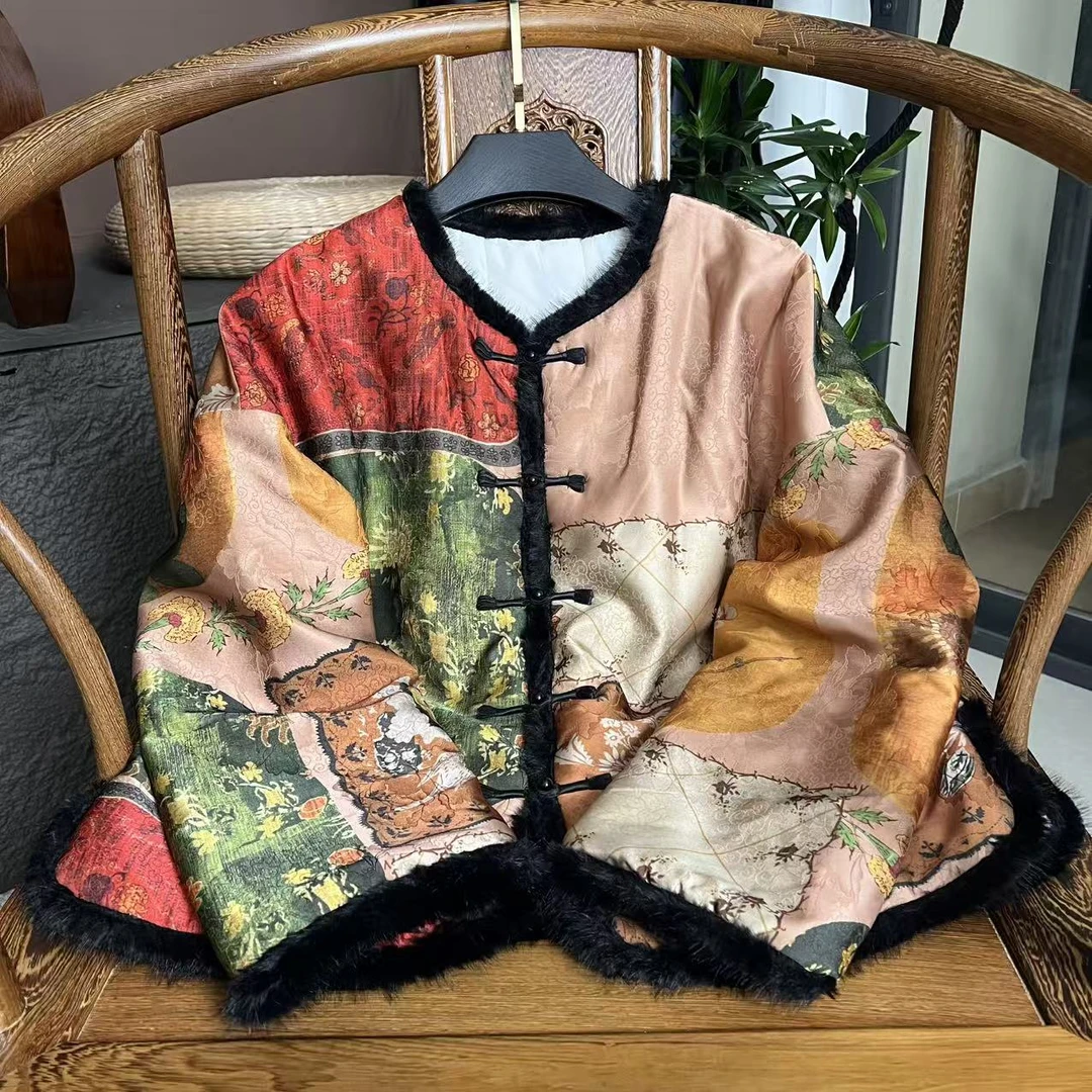 【楚轩】新中式女装加棉保暖拼接外套提花斜襟圆领休闲加厚长袖上衣