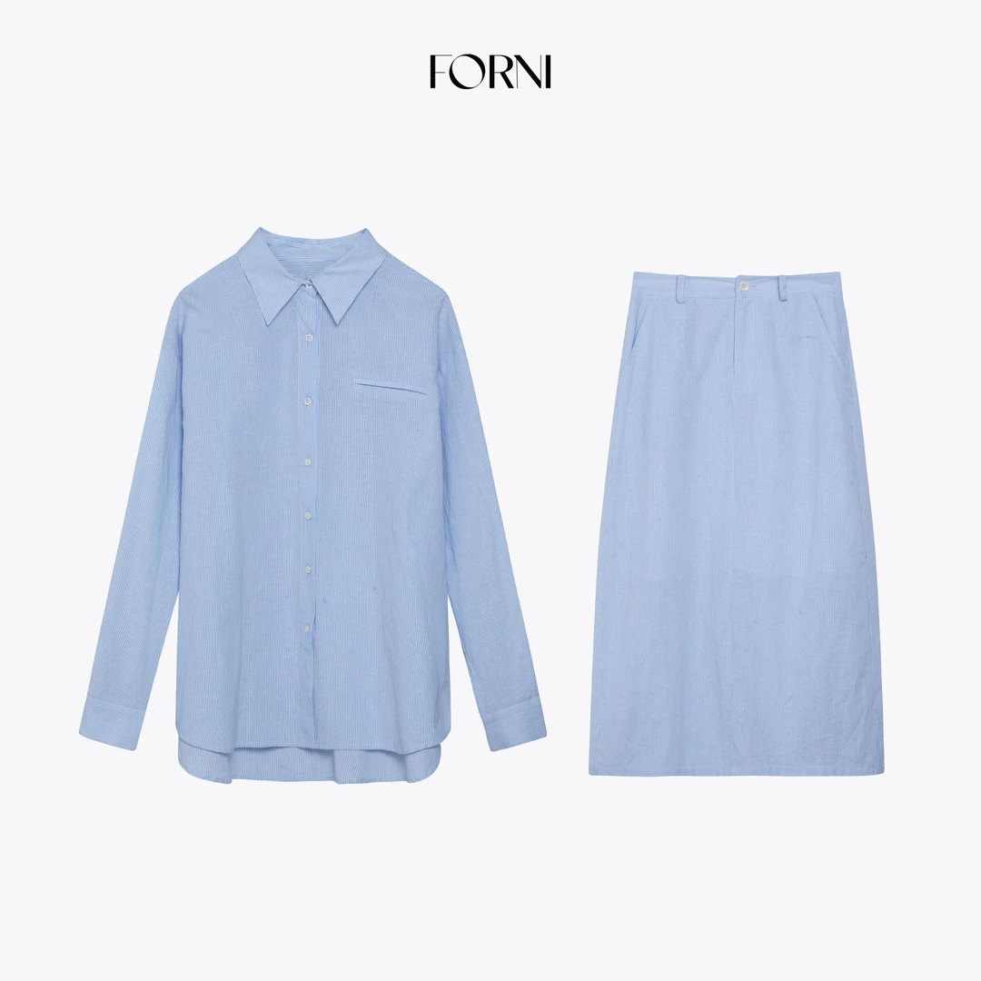 FORNI  伪素颜私服 ROW风极简通勤新疆棉条纹衬衫半裙套装