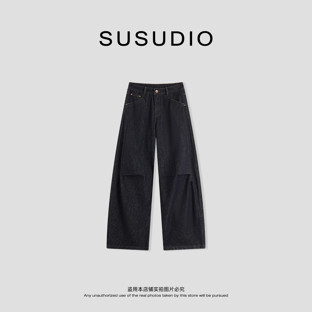 SUSUDIO 早秋休闲百搭宽松褶皱显瘦水洗深色牛仔裤 40615