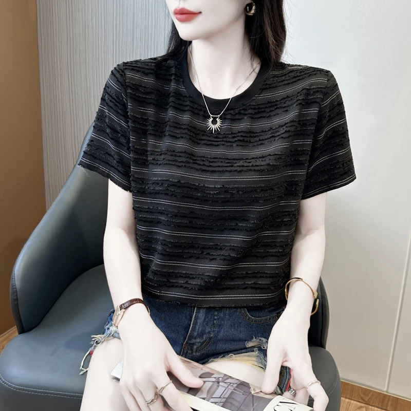 条纹t恤圆领宽松显瘦短袖女装内搭打底衫2025夏季半袖女上衣休闲