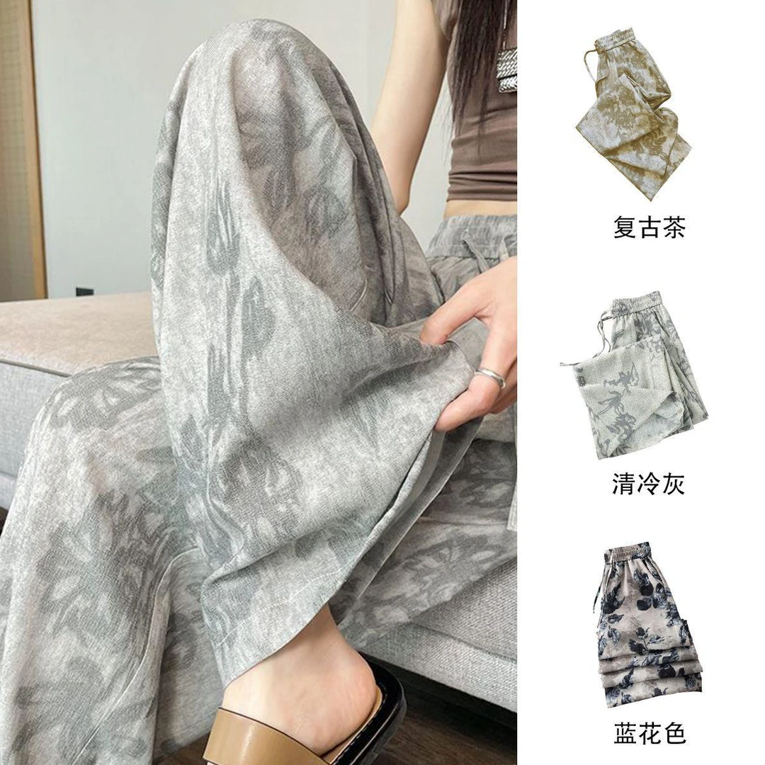 【清货+运补】复古印花阔腿裤女夏季2025薄款慵懒风高腰垂感休闲裤