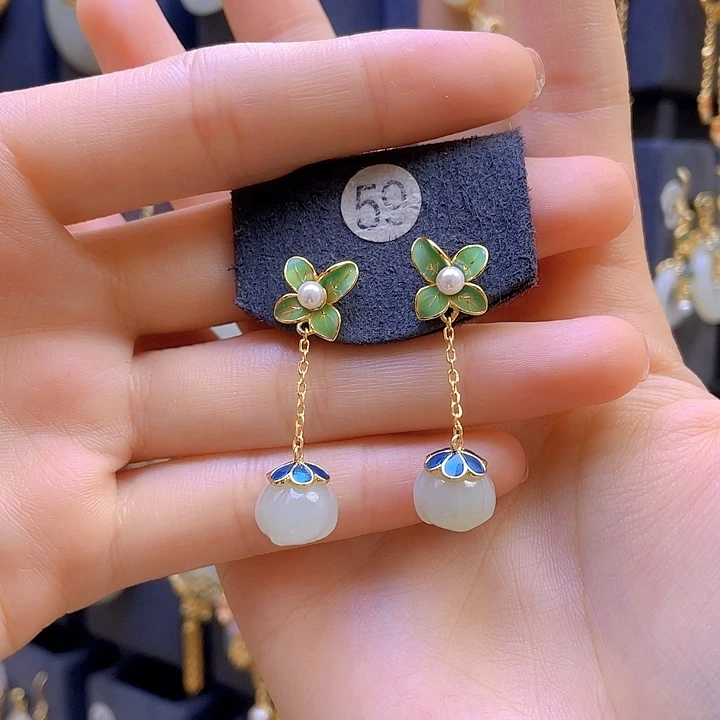 和田玉银S925镀金镶嵌耳饰