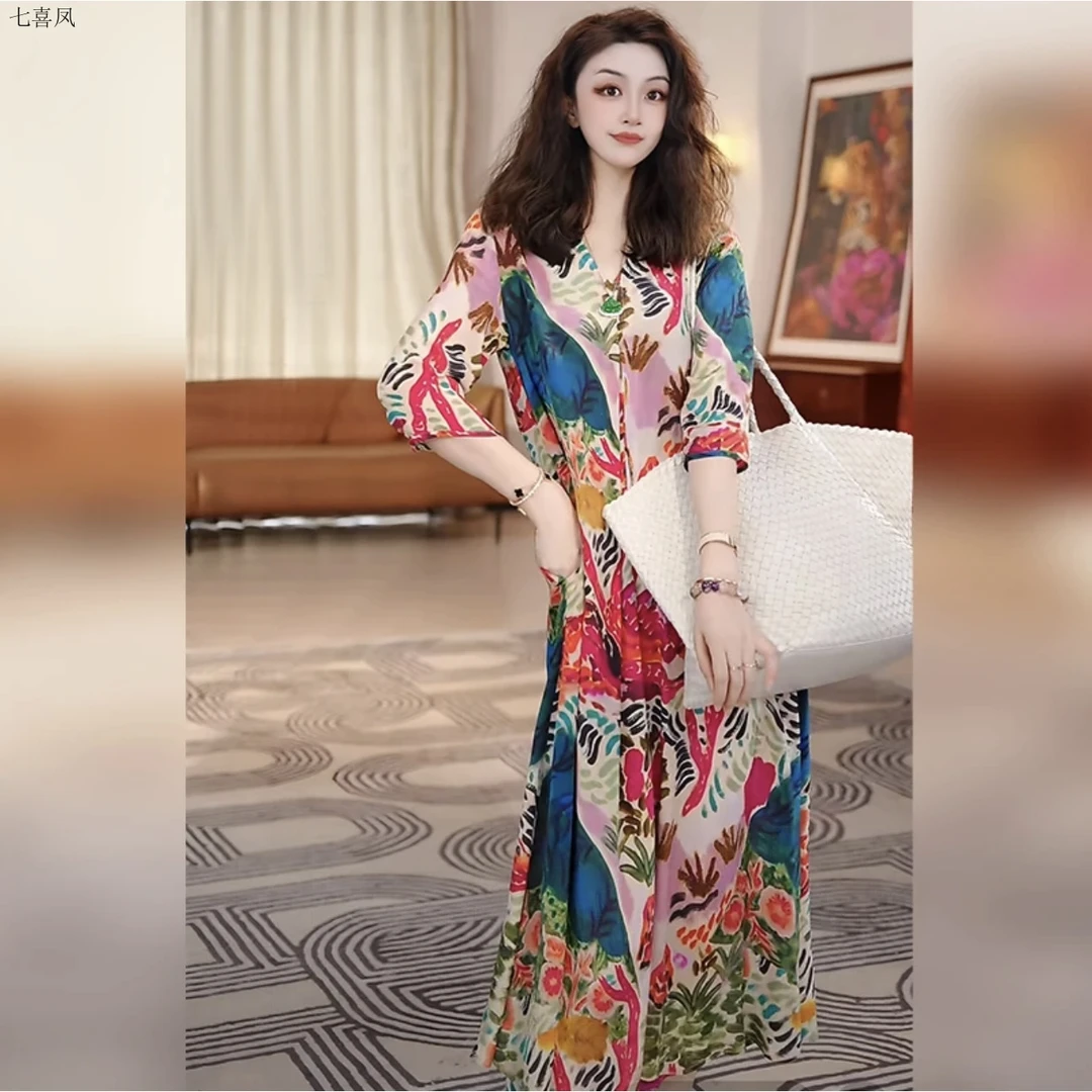 印花显瘦春季V领长裙法式连衣裙高腰旗袍春夏裙子女神修身碎花