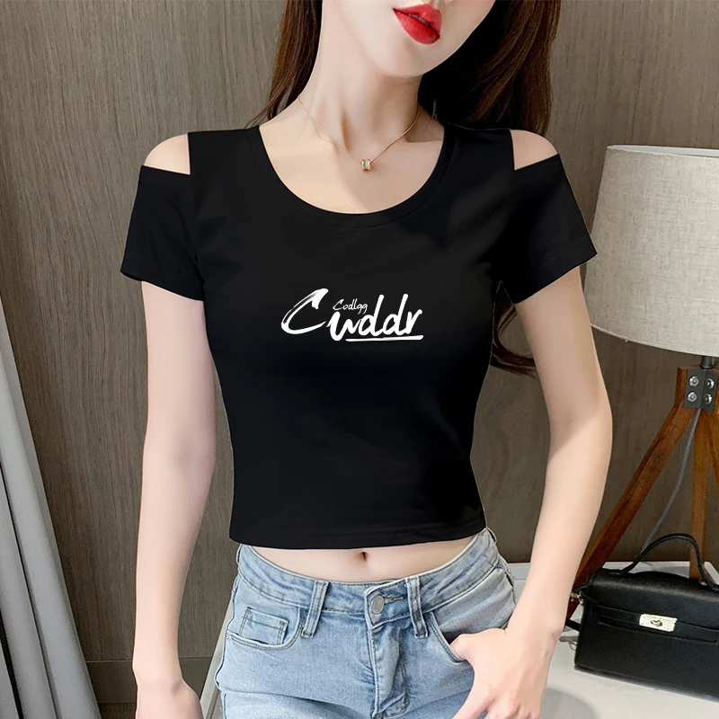 短款t恤女露肩短袖修身圆领夏季新款高腰露肚脐紧身显瘦漏肩上衣
