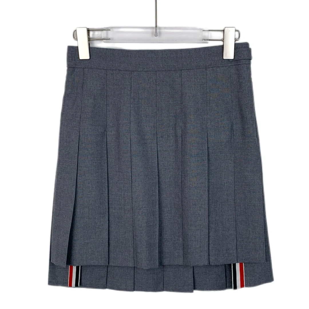 全新未使用 THOMBROWNE H14203 灰色条纹边饰羊毛百褶短裙 38