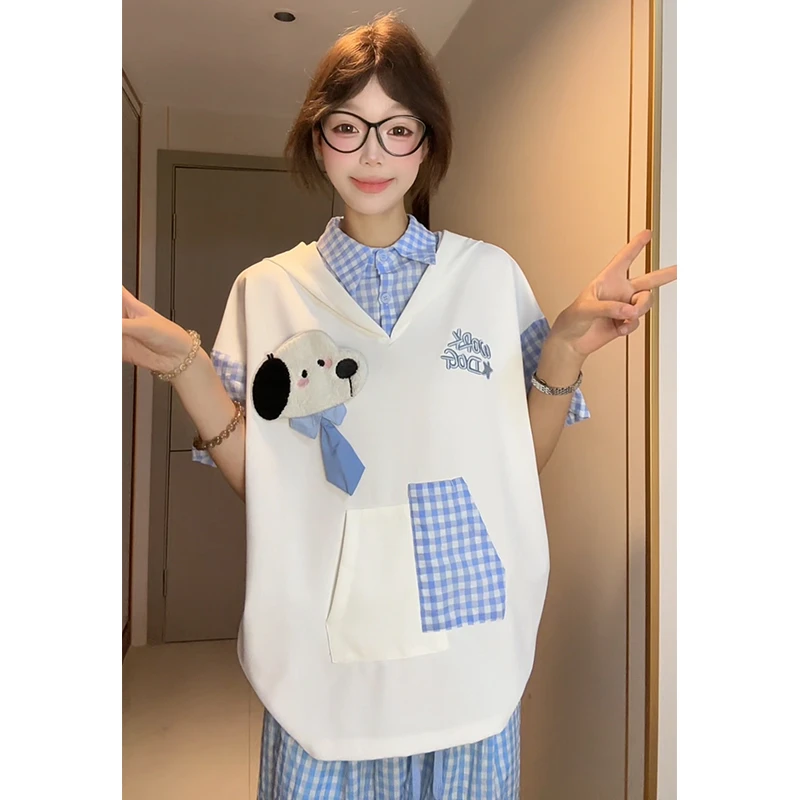 日系可爱萌趣立体设计感polo领连帽上衣2025新款假两件短袖T恤女