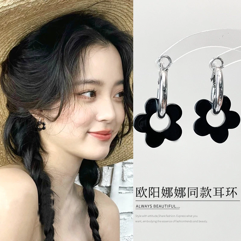 铜合金耳饰 暗黑系黑色花耳环小众设计感高级冷性风耳钉2024新款