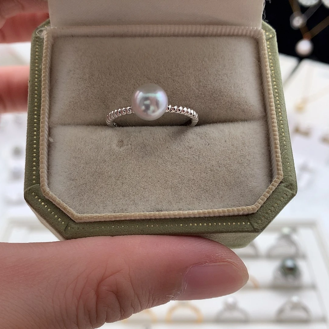 银S925镶嵌海水珍珠戒指7-7.5mm真多麻