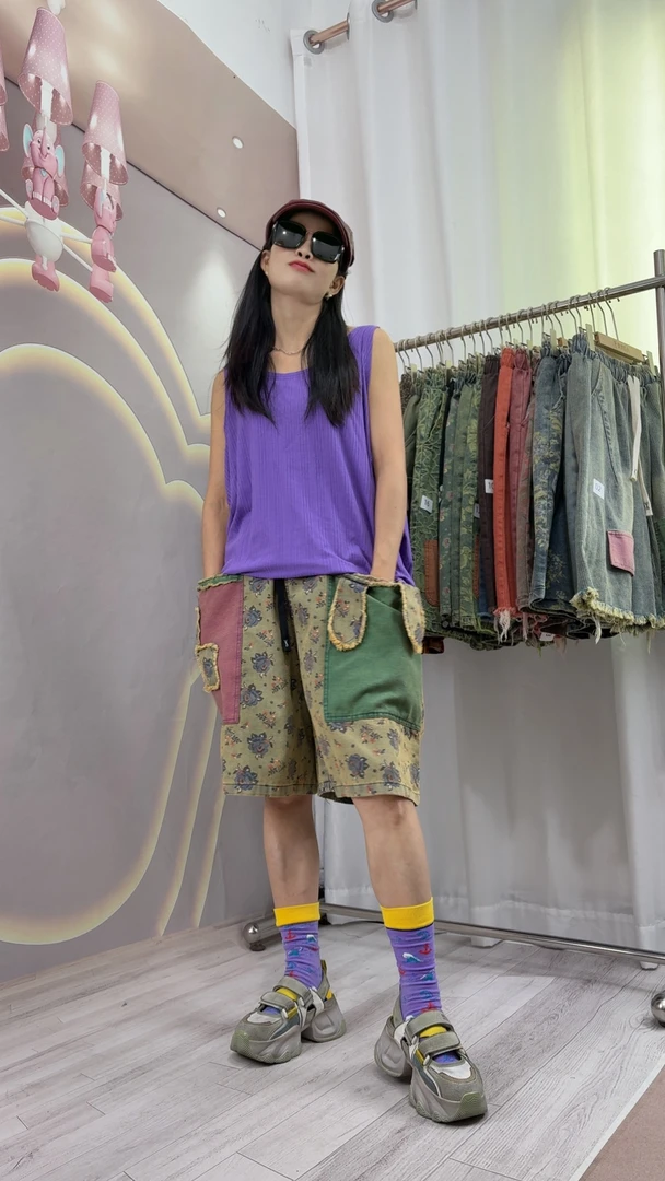 松紧腰拼接中腰大码女装短裤个性厚款微弹力花色薄款花纹印花