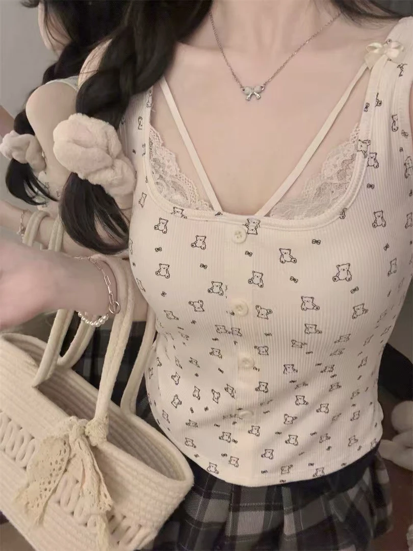 纯欲风蕾丝拼接吊带背心女印花假两件修身显瘦无袖上衣夏季百搭