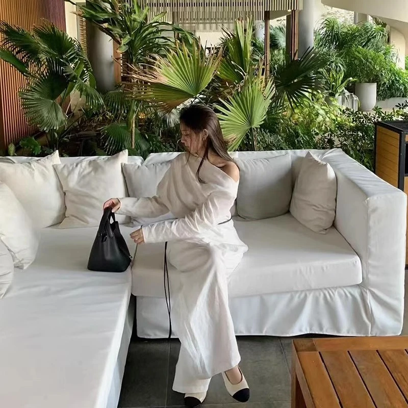 慵懒风时尚亚麻套装女2025夏季气质减龄白色斜肩上衣阔腿裤两件套