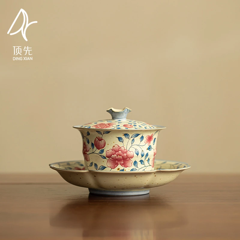 顶先 青花火石红缠枝莲牡丹三才盖碗陶瓷泡茶碗功夫茶具 A13514