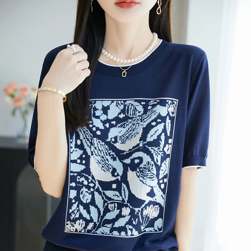 哥弟阿玛施正品夏季新款提花薄款套头针织衫短袖打底女百搭T恤衫