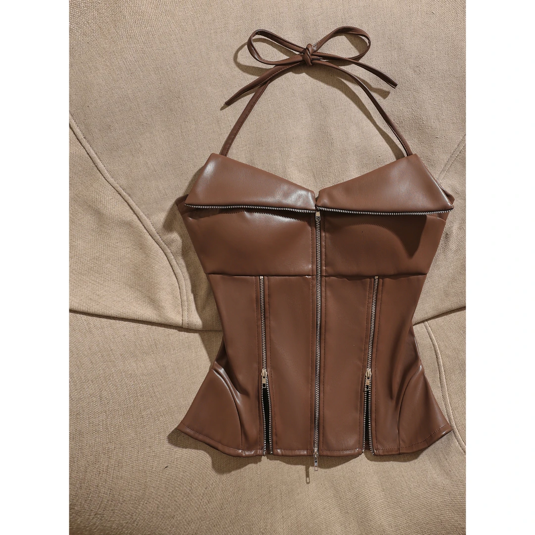 新款性感辣妹挂脖绑带皮质高级感吊带背心女修身显瘦气质上衣小众