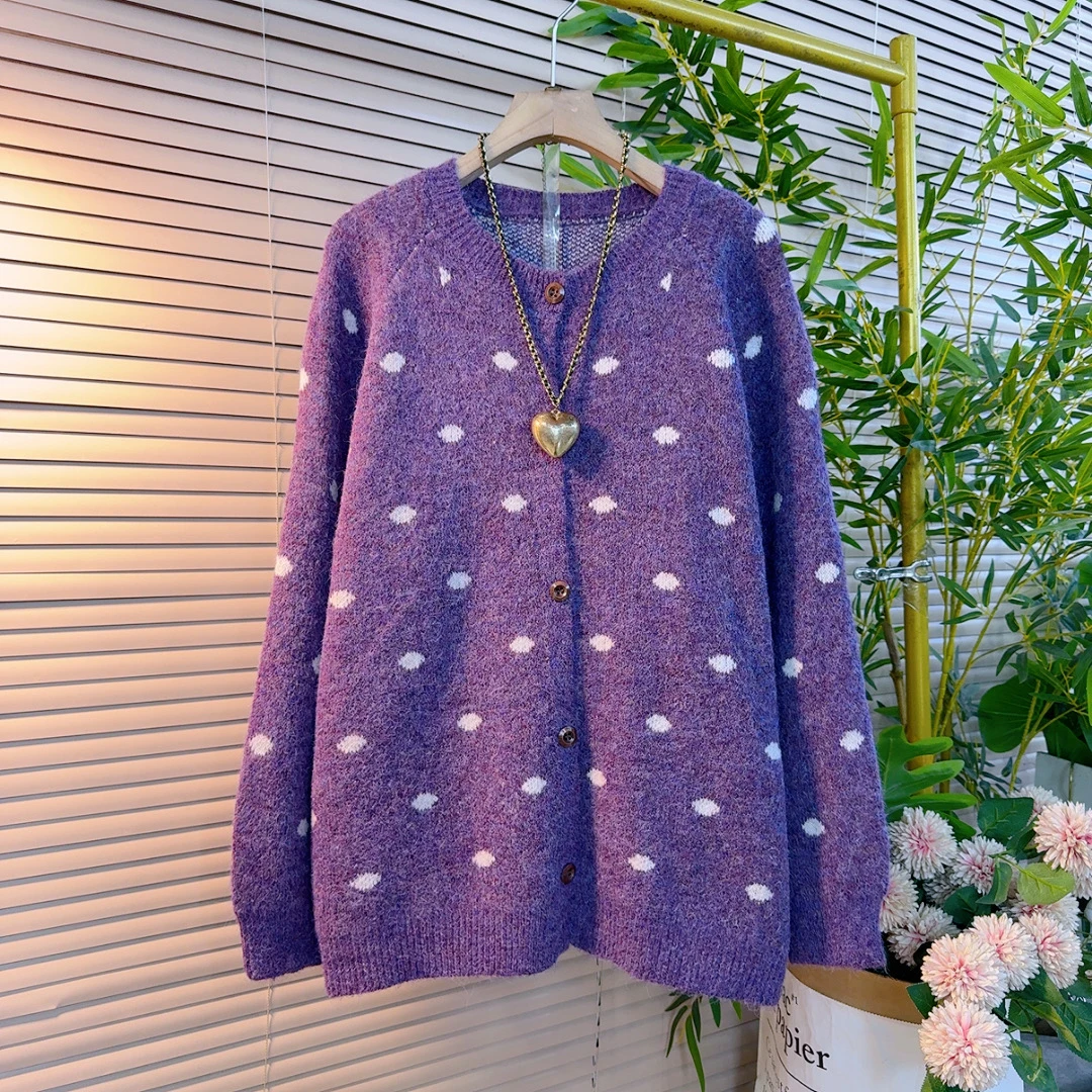 365胖mm欧货韩系波点慵懒风软糯宽松设计感针织开衫外套