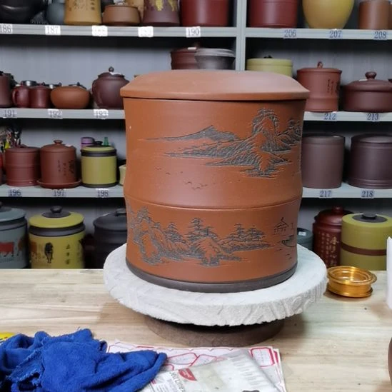 紫砂茶叶罐八饼装茶叶罐刻山水126