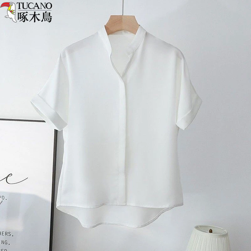 TUCANO/啄木鳥白色衬衫女夏季新款短袖气质V领显瘦上衣工装薄款