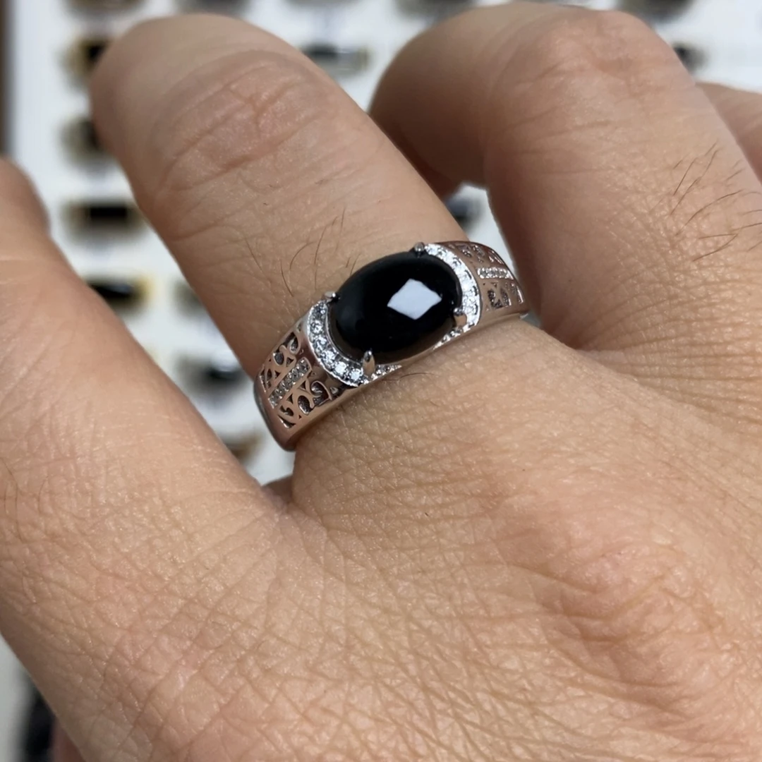 翡翠银S925镶嵌戒指墨翠戒指