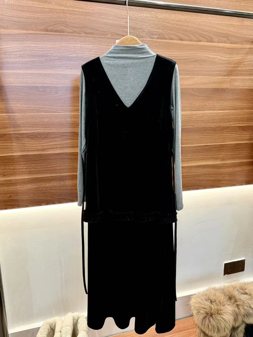 【清仓】韩系简约丝绒背心连衣裙两件套93020