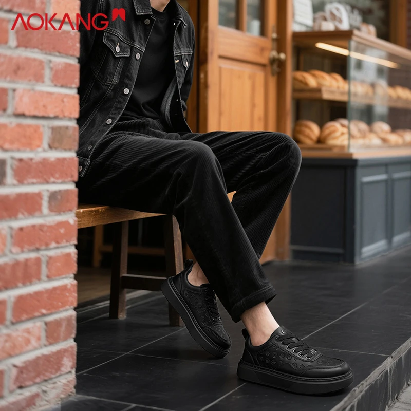 Aokang/奥康2025秋季官方正品男士运动增高休闲板鞋时尚黑色男鞋