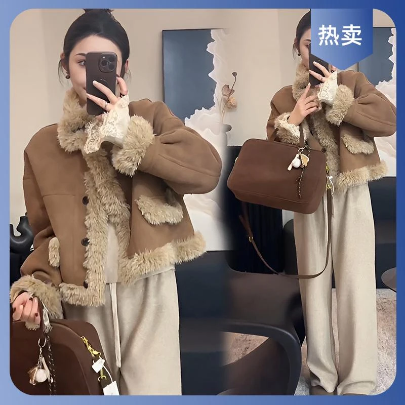 时尚立领加厚皮毛一体保暖毛毛短外套女冬季新款小个子显瘦上衣