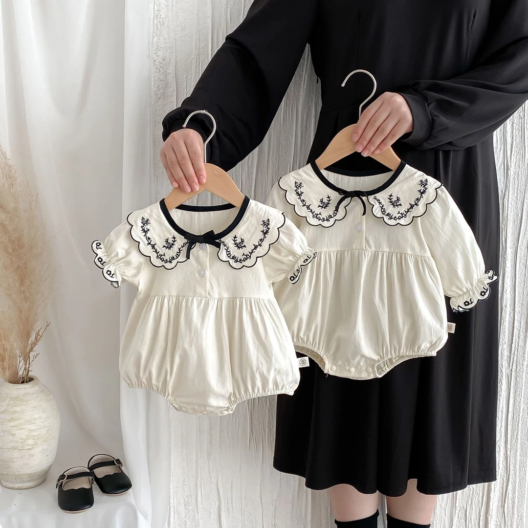 2025婴儿夏装绣花翻领短袖连体衣哈衣洋气女宝宝蝴蝶结甜美包屁衣