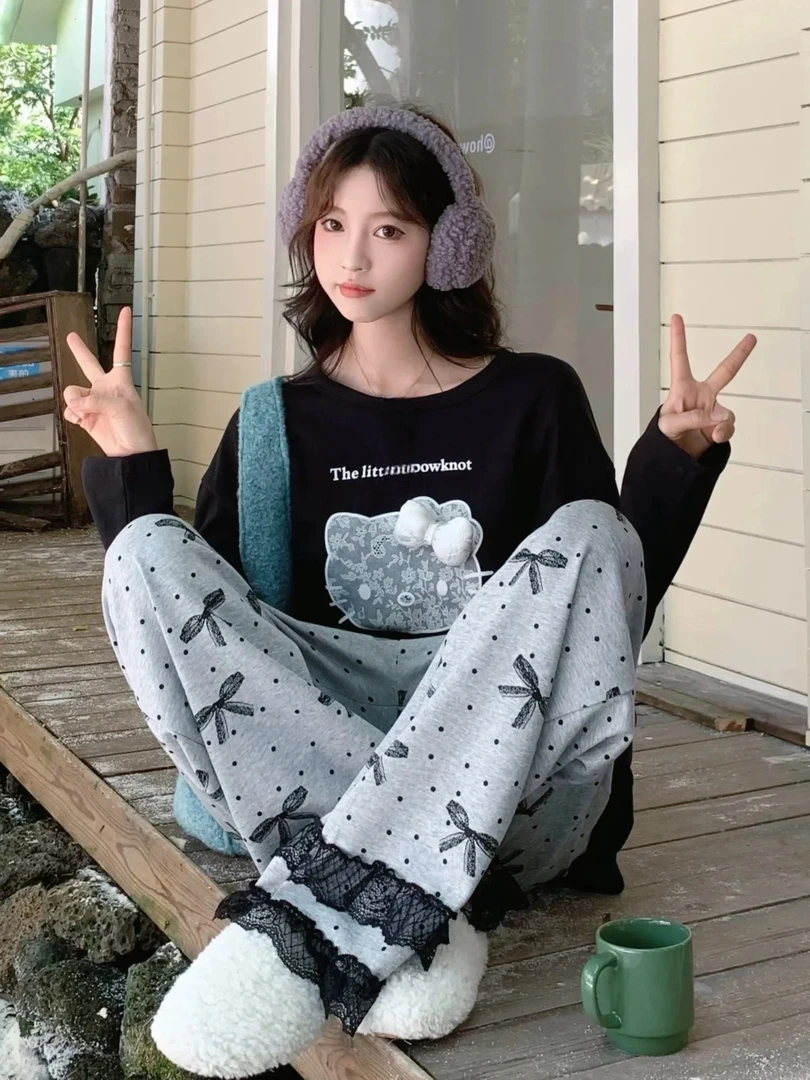 少女甜美可爱蕾丝花边蝴蝶结睡衣女春秋新款宽松长袖长裤家居服