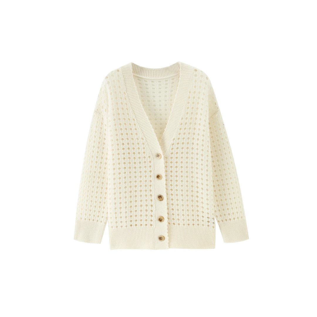 【DAXIU轻奢】早秋纯色镂空单排扣百搭针织衫-295-251928