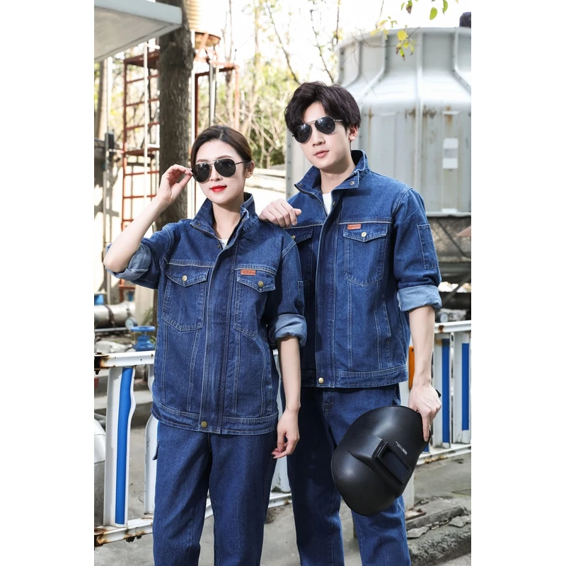 纯棉加厚牛仔工作服套装男劳保服耐磨电焊防烫工装电工汽修焊工服