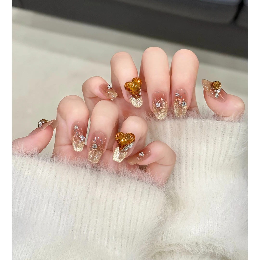 茉哉7【琥珀鎏心】纯手工定制美甲拆卸穿戴甲A4630