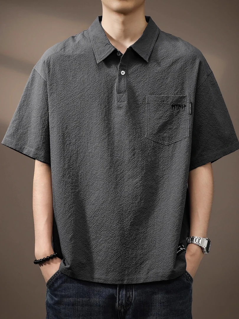 夏季薄款冰丝肌理泡泡短袖Polo衫男潮牌宽松大码凉感半袖透气t恤