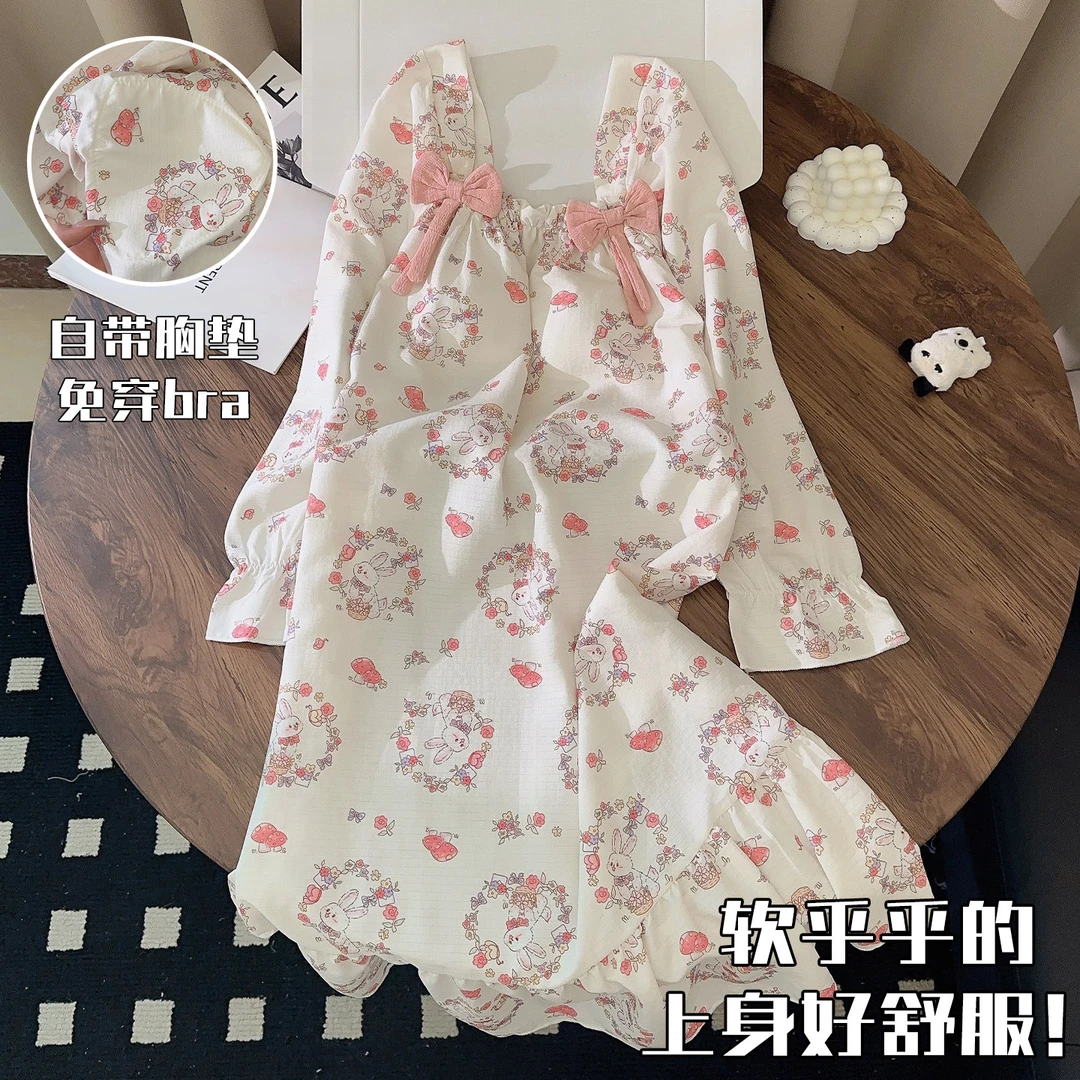 可爱兔子睡衣女春秋季梭织棉中长款睡裙新款可外穿带胸垫家居服冬