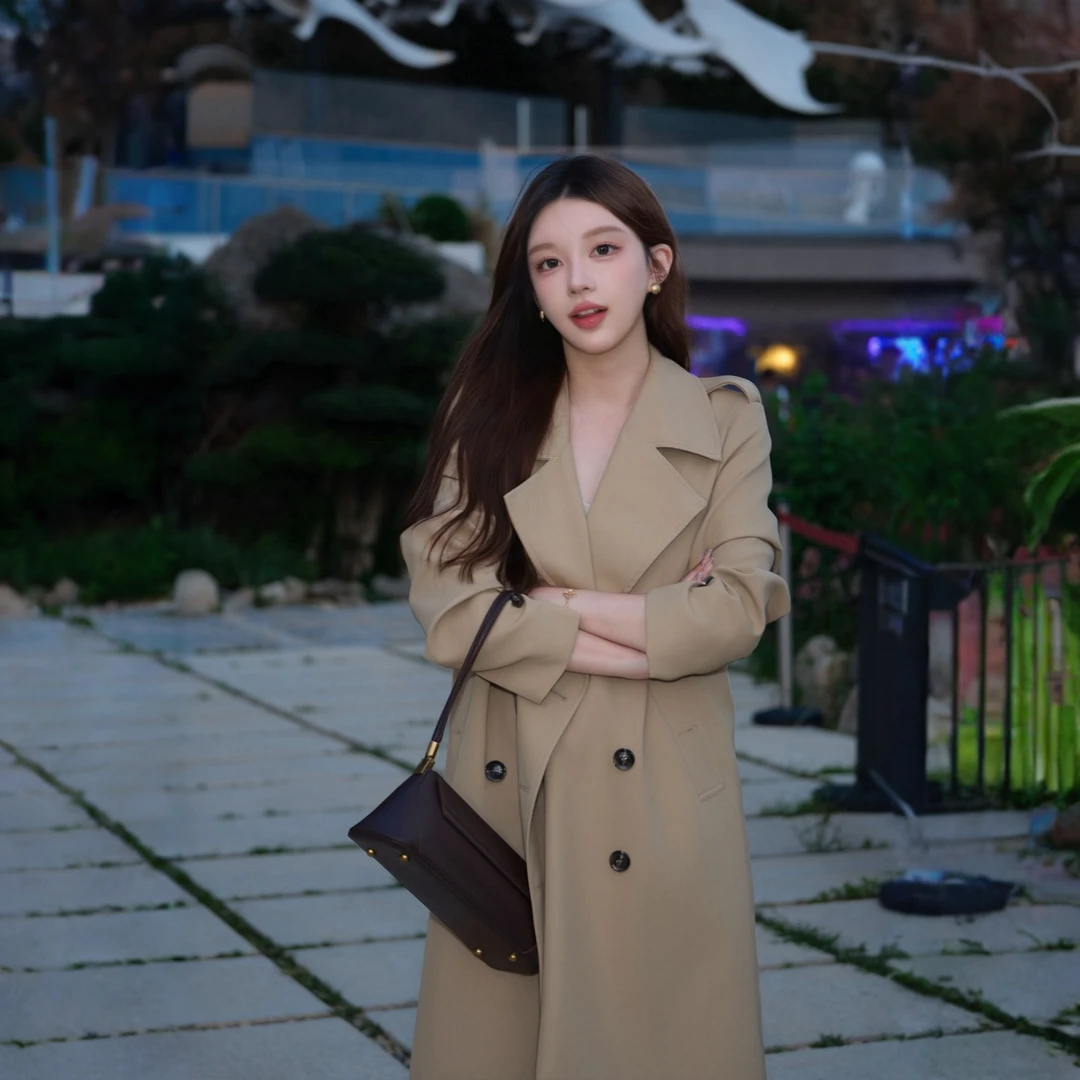 【城市漫步】UM家同款2025秋季新款卡其色长款韩版双排扣风衣外套女